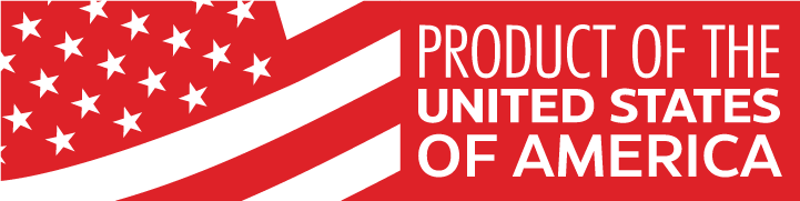 Red and white graphic of the U.S. flag promoting Product of the United States of America.